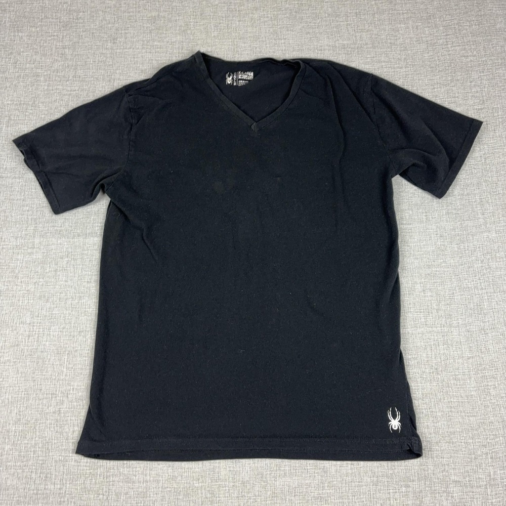Spyder Shirt Mens XL Black V Neck Tagless Logo Cotton Spandex Jersey Tee‎